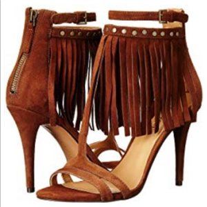 Nine West Dontdare Suede Fringe Heels Sandal Brown